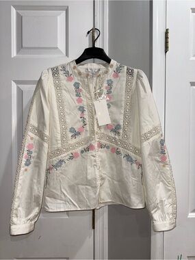 Caroline Constas Cream Blouse with Pink & Blue Floral Embroidery